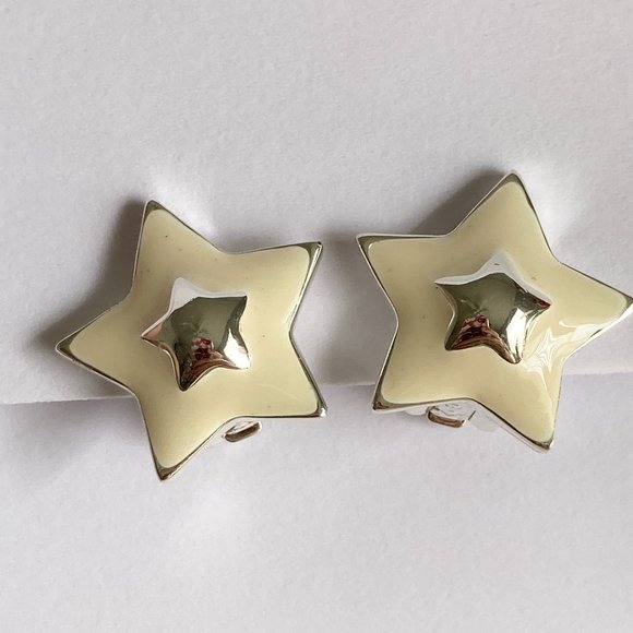 Vintage White Enamel Stars Clip On Earrings 80s 90s Silver Plated Celestial - Picture 6 of 11